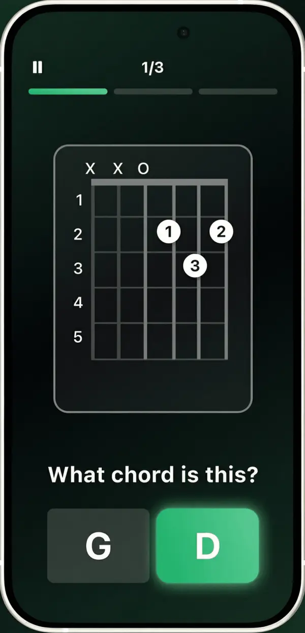 Chord quiz in Guitar Tuner Pro: a chord diagram, the question “What chord is this?” and two answers, G and D