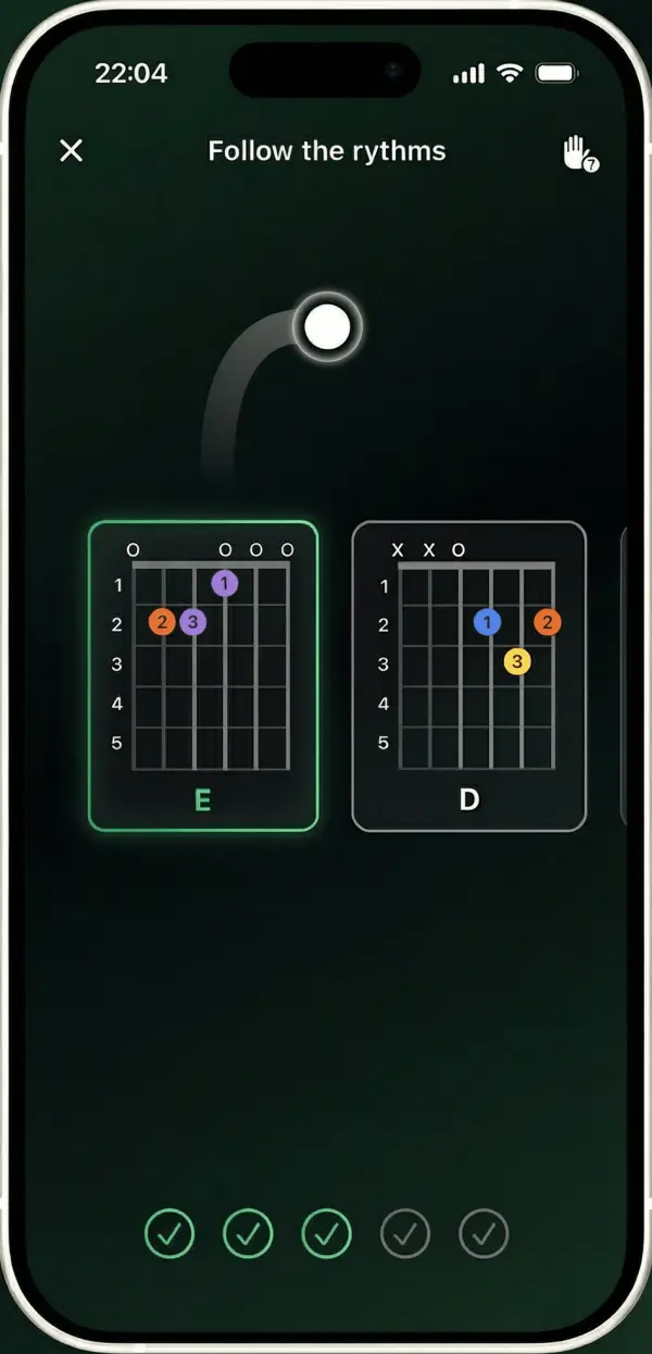 A Guitar Tuner Pro lesson asking you to follow the rhythm between an E and a D chord