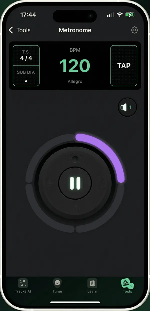 Guitar Tuner Pro metronome at 120 BPM in 4/4, with a tap tempo button