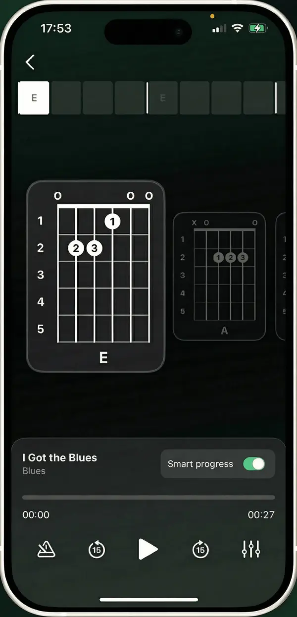 The chords of a song displayed in Guitar Tuner Pro while it plays, with the E chord diagram and the next chord coming up